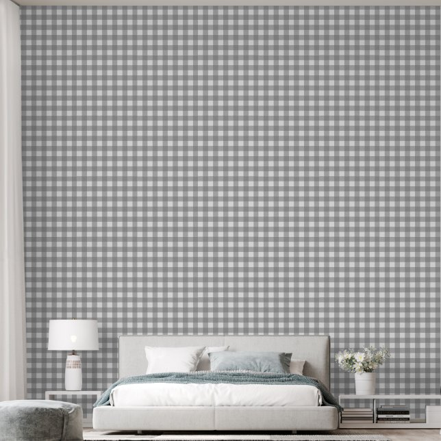 grey gingham | neutral grey grid checks wallpaper  (Bedroom)