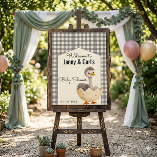 Grey Gingham Ostrich Baby Shower Welcome Foam Board