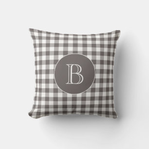 Grey Gingham Pattern Custom Monogram Throw Pillow