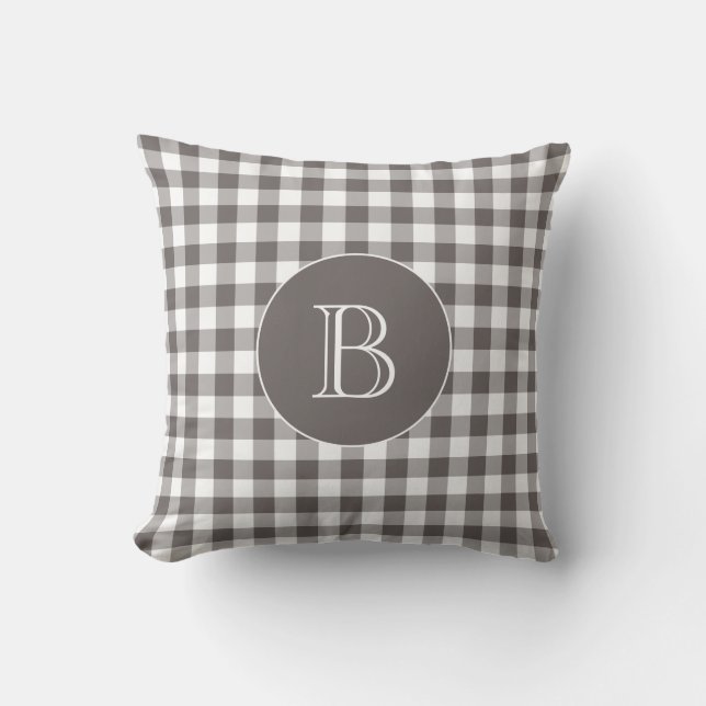 Grey Gingham Pattern Custom Monogram Throw Pillow (Front)