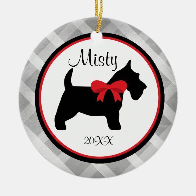 Grey Gingham Scottish Terrier Pet Ornament (Front)