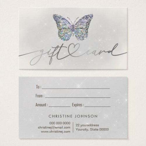 grey glitter butterfly gift card