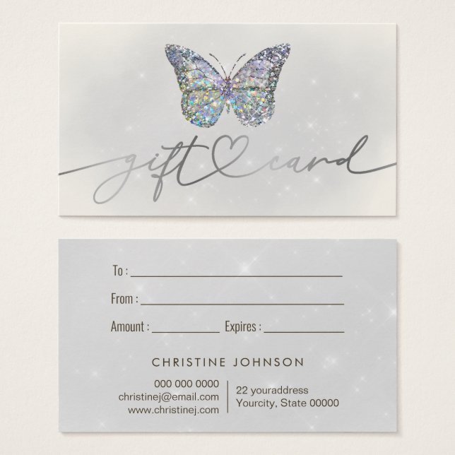 grey glitter butterfly gift card (Front & Back)