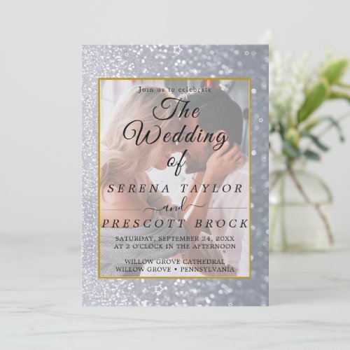 Grey Glitter Elegant Vellum Wedding Invitation