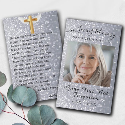 Grey Glitter Funeral Memorial Prayer Photo Card