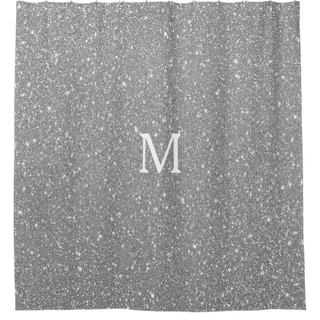 Grey Glitter Monogram Initial Custom Name Sparkly Shower Curtain (Front)