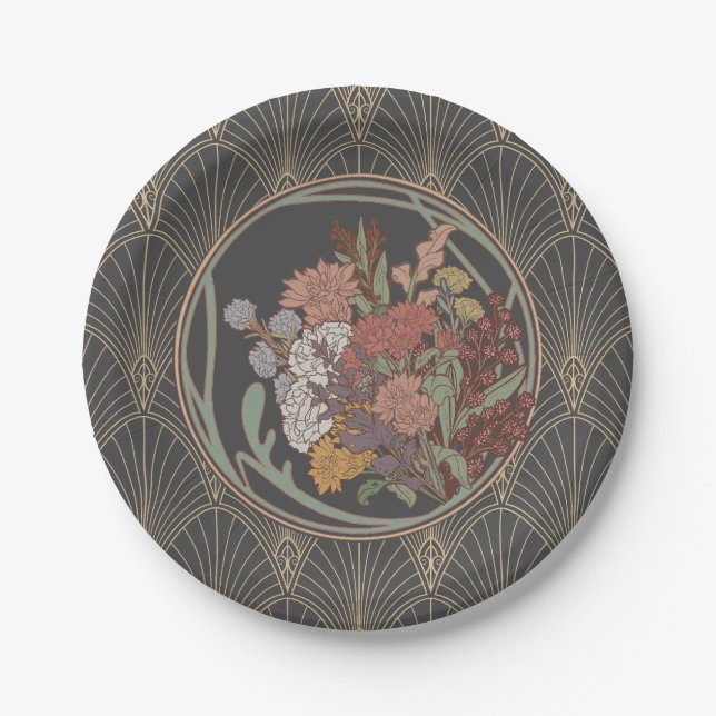 Grey & Gold Art Deco Fan Paper Plates (Front)