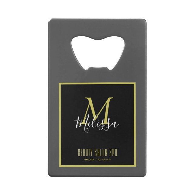 Grey Gold Beauty Salon SPA Monogram Credit Card Bottle Opener (Front)