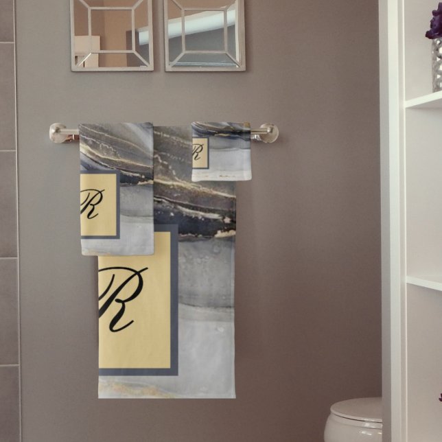 Grey Gold Black Marble Pretty Elegant Monogram Bath Towel Set (Creator Uploaded)