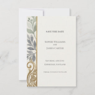 Grey Gold Botanical Scroll Save The Date Card