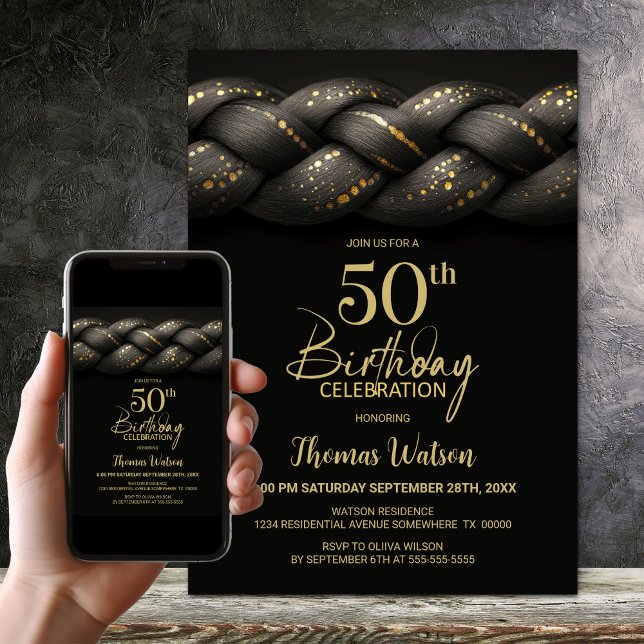 Grey Gold Braid 50th Birthday Party Invitation (Creator Uploaded)