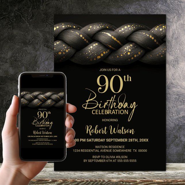 Grey Gold Braid 90th Birthday Party Invitation (Creator Uploaded)