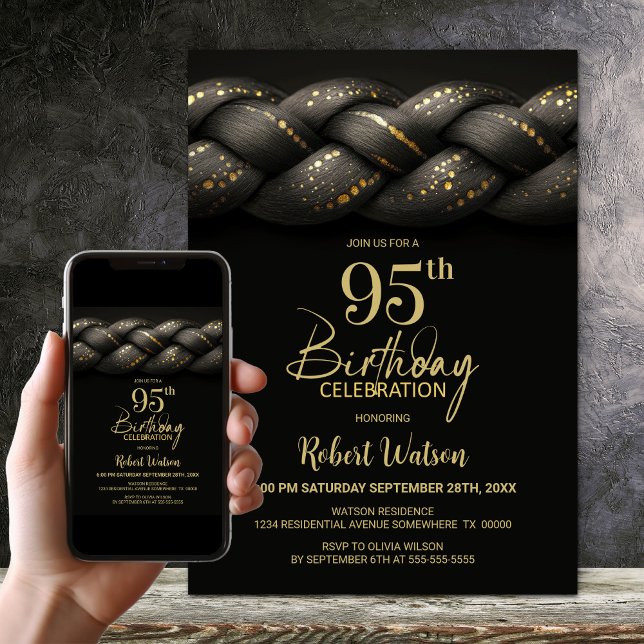 Grey Gold Braid 95th Birthday Party Invitation (Creator Uploaded)