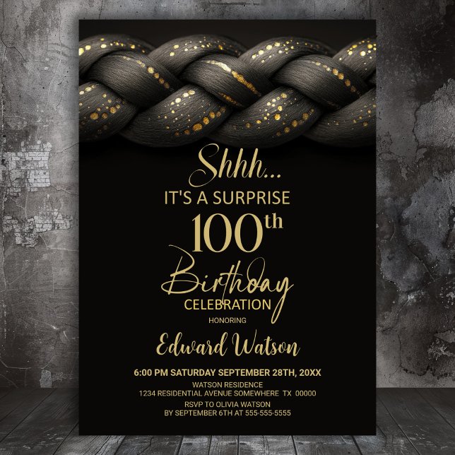 Grey Gold Braid Surprise 100th Birthday Party Invitation (Creator Uploaded)