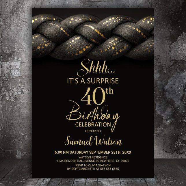 Grey Gold Braid Surprise 40th Birthday Party Invitation (Creator Uploaded)