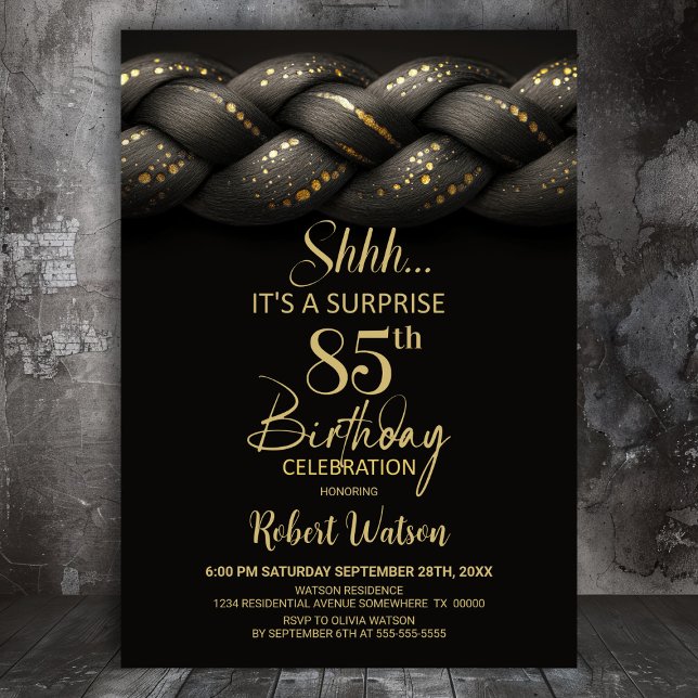 Grey Gold Braid Surprise 85th Birthday Party Invitation (Creator Uploaded)