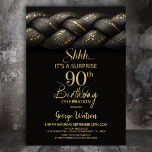Grey Gold Braid Surprise 90th Birthday Party Invitation