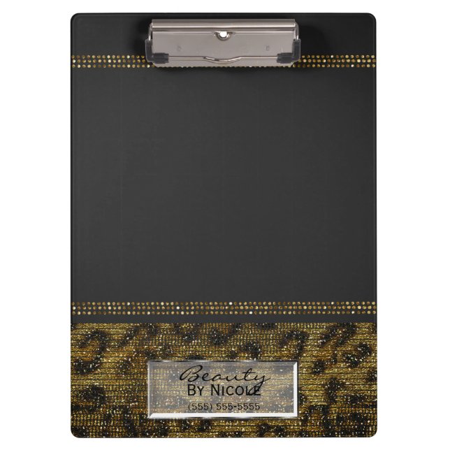 Grey & Gold Cheetah Leopard Glam Personalized Clipboard (Front)