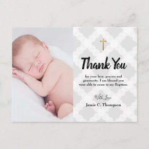 Grey Gold Cross Thank You Baby Boy Photo Baptism Postcard