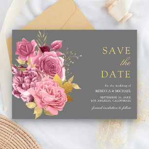 Grey Gold Dusty Mauve Pink Floral Wedding Save The Date