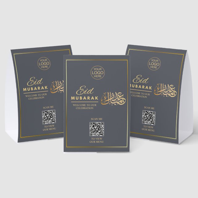 Grey & Gold Eid Mubarak QR Code Table Sign (Insitu(Multi))