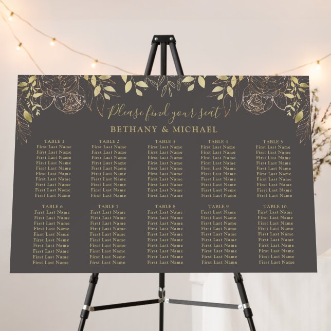Grey & Gold Floral 10 Table Wedding Seating Chart Foam Board (In Situ (Stand))