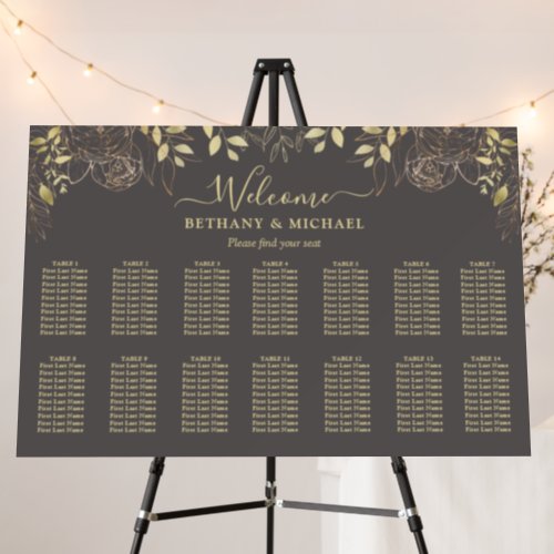 Grey  Gold Floral 14 Table Wedding Seating Chart Foam Board