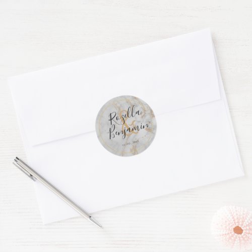 Grey Gold Foil Agate Marble Save the Date Classic Round Sticker