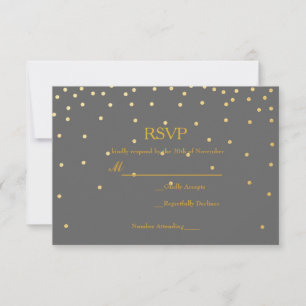 Grey & Gold Foil Confetti Dots Wedding RSVP Card