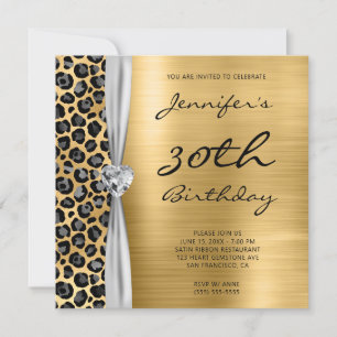 Grey Gold Leopard Foil Gem Ribbon 30th Birthday Invitation