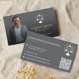 Grey Gold Luxury Lawyer Photo Law Firm Monogram Business Card