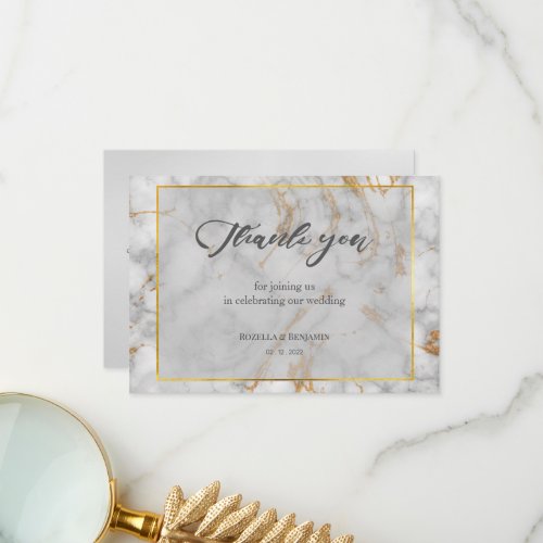 Grey Gold Marble Agate  Elegant Modern Script Thank You Card