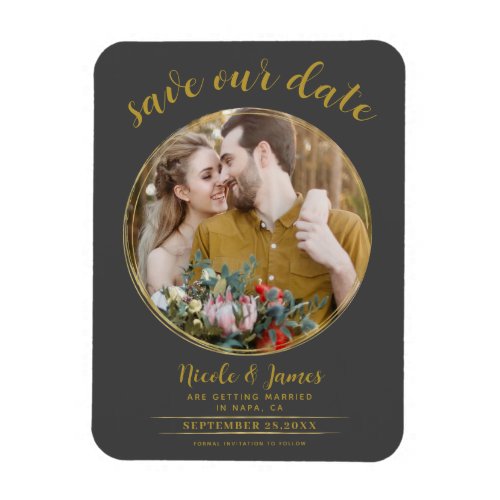 Grey  Gold Modern Round Photo Save the Date Magnet