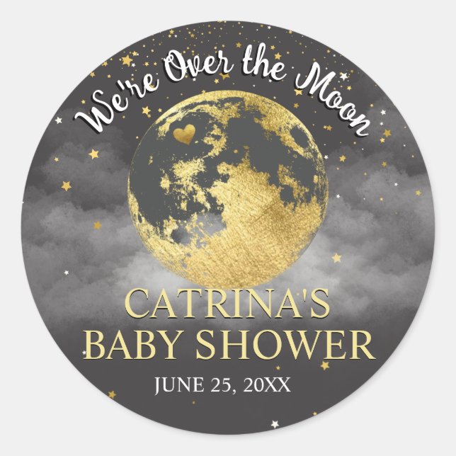Grey Gold Over the Moon Baby Shower Sticker (Front)