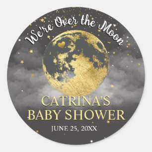 Grey Gold Over the Moon Baby Shower Sticker