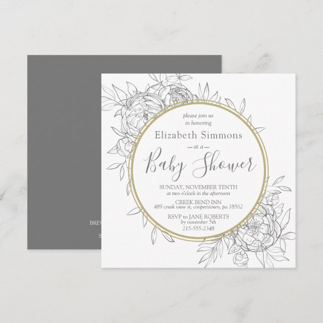 Grey & Gold Peony Modern Floral Toile Baby Shower Invitation (Front/Back)