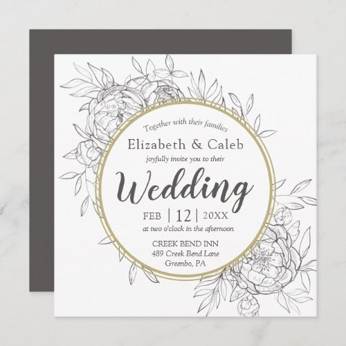 Grey  Gold Peony Modern Floral Toile Wedding Invitation