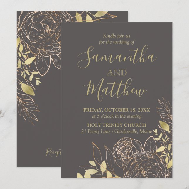 Grey & Gold Peony Modern Floral Wedding Invitation (Front/Back)