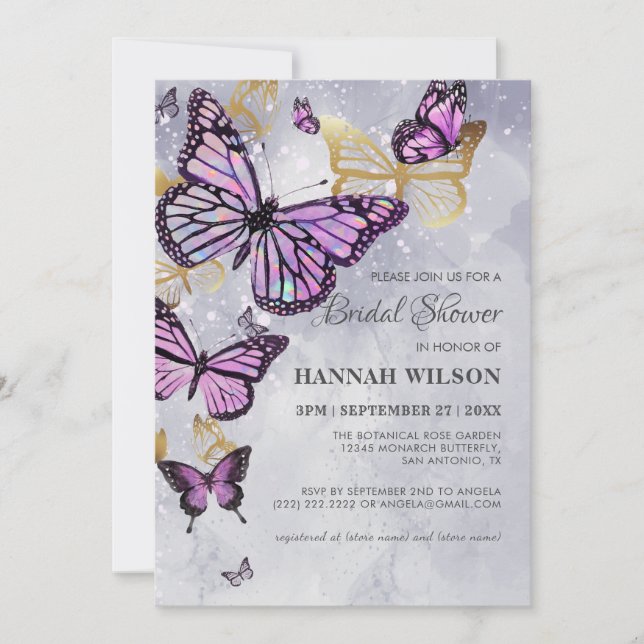 Grey Gold Purple Butterfly  Elegant Bridal Shower Invitation (Front)
