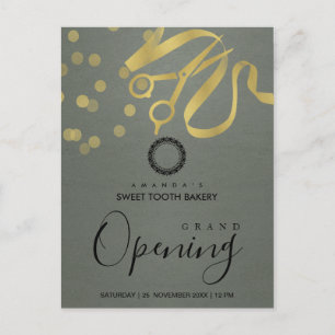 GREY GOLD RIBBON CUTTING GRAND OPENING INVITATION POSTCARD
