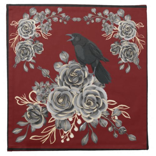 Grey Gold Roses Crows Ravens Cloth Napkin