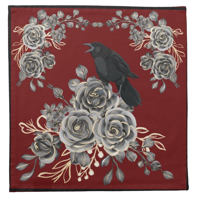 Grey Gold Roses Crows Ravens Cloth Napkin (Front)