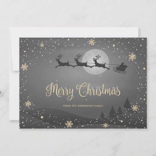 Grey Gold Snow Snowflakes Santa Merry Christmas Holiday Card