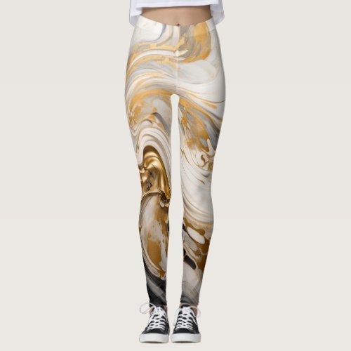 Grey Gold White Abstract Leggings