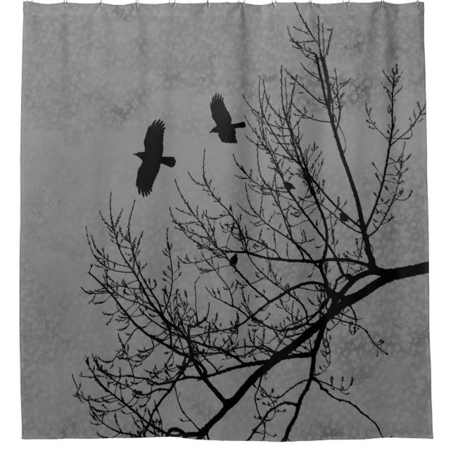 Grey Gothic Crows and Trees Landscape Shower Curtain (Front)