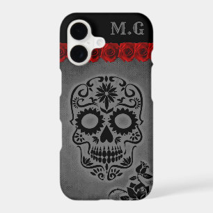 Grey Gothic Sugar Skull and Red Roses iPhone 17 Case