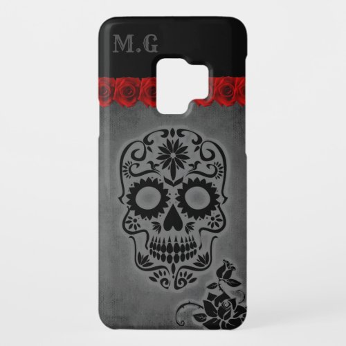 Grey Gothic Sugar Skull and Red Roses Monogram Case_Mate Samsung Galaxy S9 Case
