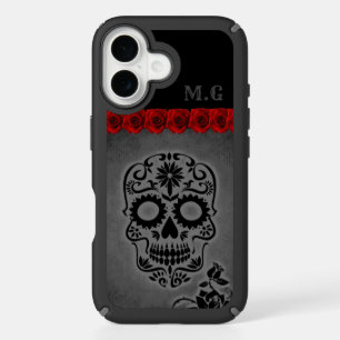 Grey Gothic Sugar Skull and Red Roses Monogram iPhone 16 Case