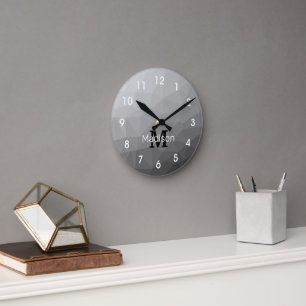 Grey Gradient Geometric Mesh Pattern Monogram Round Clock