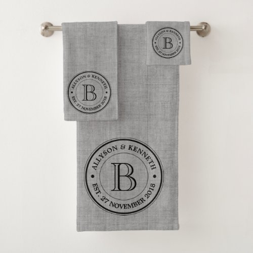 Grey Gray Burlap Logo Anniversary Monogram Bath Towel Set